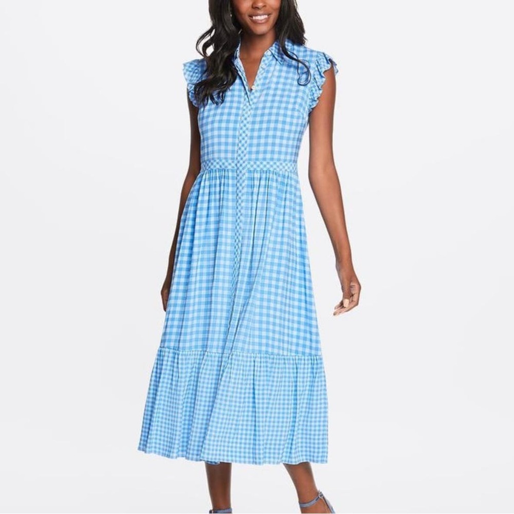 Draper James Flutter Sleeve Patio Shirtdress Gingham Printed Blue Size 12